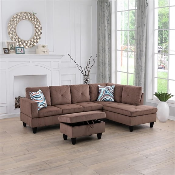 Starhome L Shaped Brown Couch with Ottoman(Pillows Included) Microfiber