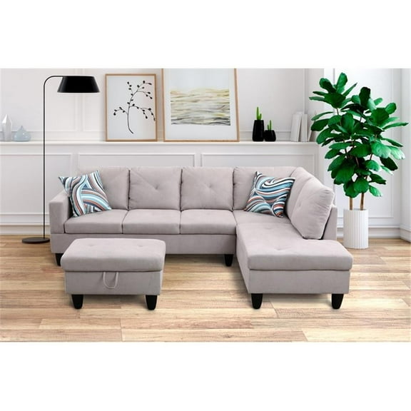 Starhome L Shaped Gray Couch with Storage Ottoman(Pillows Included) Microfiber
