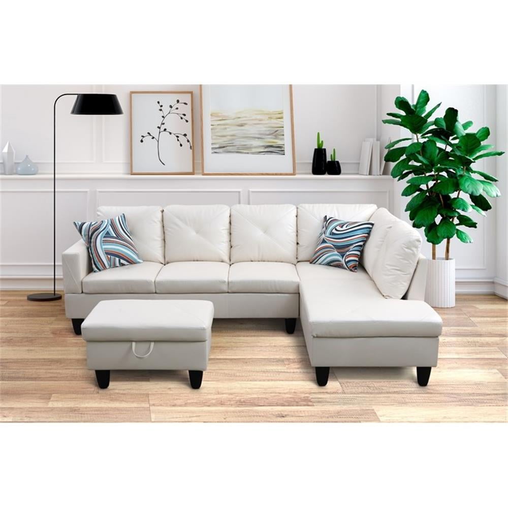 Starhome L Shaped White Couch with Ottoman Pillows Included Microfiber