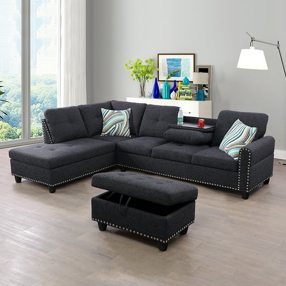 Starhome Linen Sectional Sofa, 6 Seats Sleeper Couch with Reversible Chaise, Storage Ottoman, Modular L Shaped Sectional Sofa with Extra Headrests, Living Room Furniture for Apartment, Black