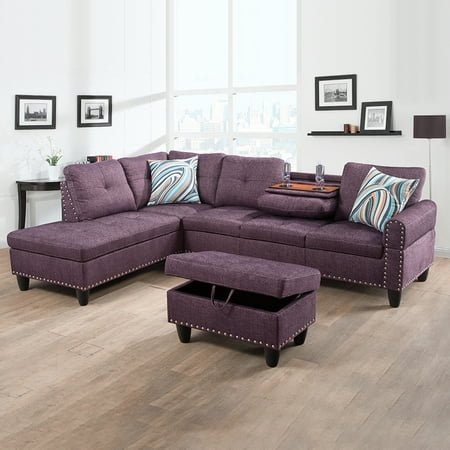 Starhome Linen Sectional Sofa, 6 Seats Sleeper Couch with Reversible Chaise, Storage Ottoman, Modular L Shaped Sectional Sofa with Extra Headrests, Living Room Furniture for Apartment, Amaranth