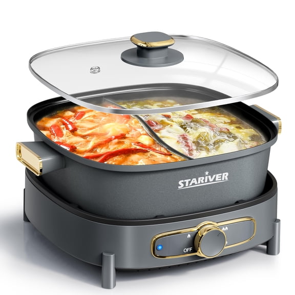 Stariver Hot Pot Electric with Divider, Large 6L Nonstick Double-Flavor Electric Shabu Shabu Pot, 1500W Hotpot with 3 Power Settings, Perfect for Family Dinners & Parties Y101