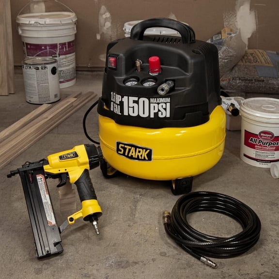 Stark USA 6 Gallon Pancake Air Compressor & 18 Gauge Brad Nailer Stapler Combo Kit, 150 PSI 1.5 HP Oil-Free with 25 Ft Air Hose