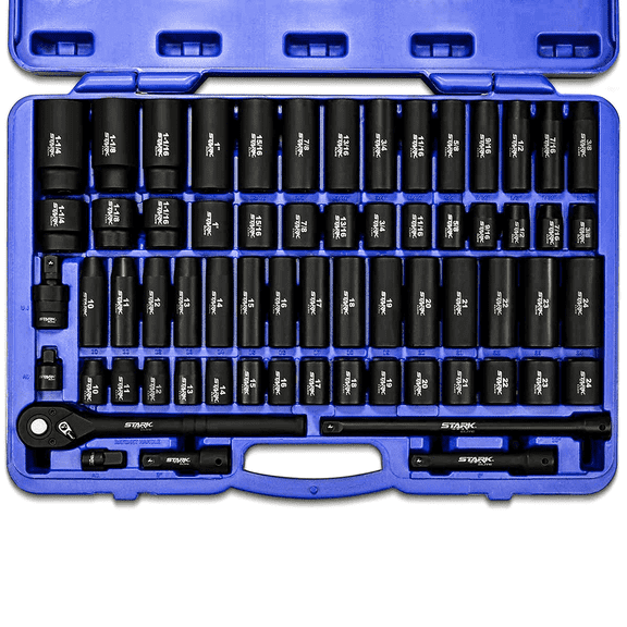 Stark USA 65 Pc 1/2" Drive Impact Socket Set, SAE & Metric 6-Point Deep & Shallow Sockets with Ratchet, Extensions & Case