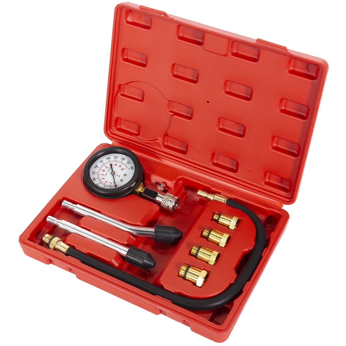 Stark 8pcs Cylinder Compression Tester Kit Gas Engine Leakage Diagnostic 0-300 PSI Dual Scale Pressure Gauge Extension Hose Spark Plug Adapters