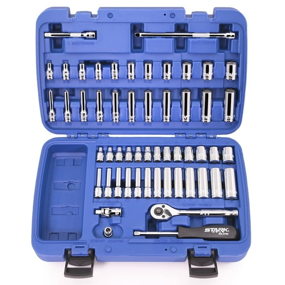 Stark USA 1/4" Drive 56PC Socket Set, 6 Point, SAE & MM Combination Set, 5/32" - 9/16" 4mm - 15mm, Socket & Ratchet Wrench Set, Fully Polished CrV Steel