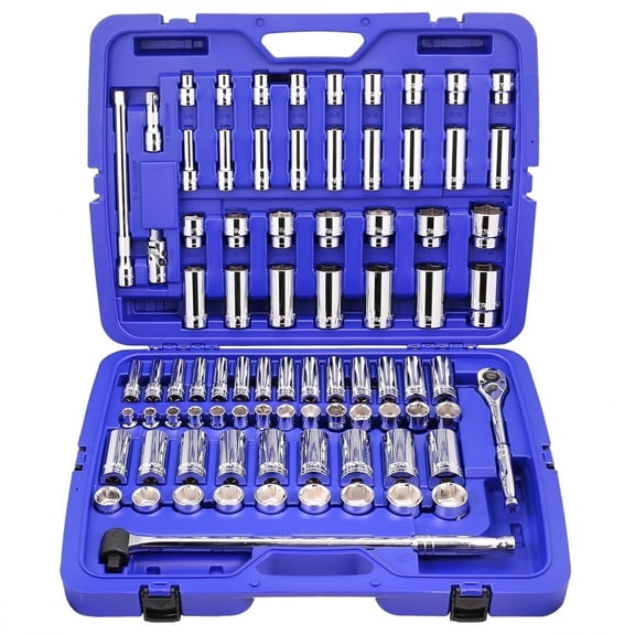 Stark USA 1/2" Drive 84-Pc Socket Set, 6-Point, SAE & Metric (3/8"–1-5/16", 10–32mm), Ratchet, Polished CrV