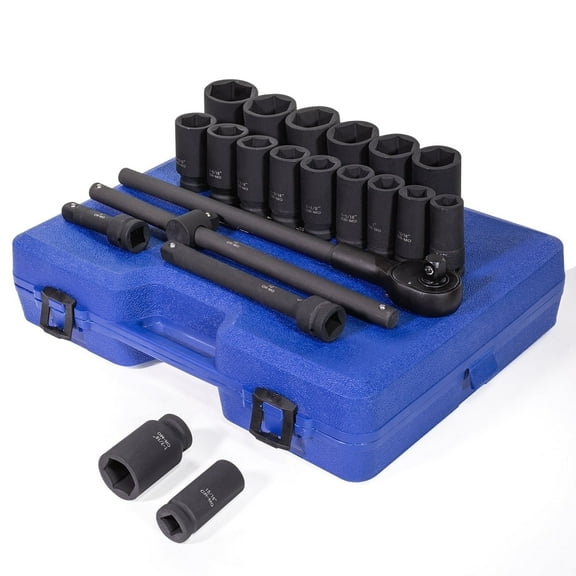 Stark USA 3/4" Drive 22PC Deep Impact Socket Set, 6 Point, SAE 7/8" - 2", With Impact Adapter, Ratchet Wrench, Extension Rod, Sliding Bar, CrMo Steel
