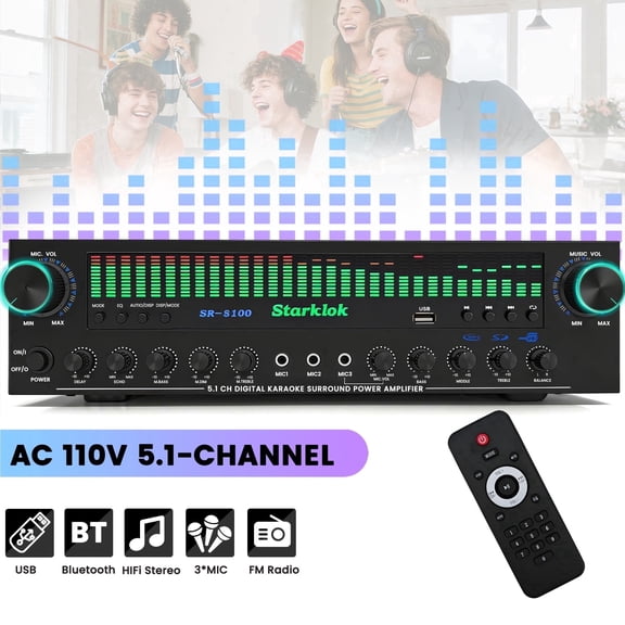 Starklok Optical/Coaxial 1200W Surround Stereo Receiver, Bluetooth Audio Power Amplifiers for Home Theater Stereo System