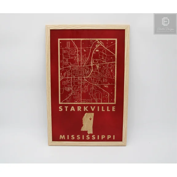 Starkville, Mississippi Laser Etched Wood Street Map - MSU Campus Map Framed in Natural Wood