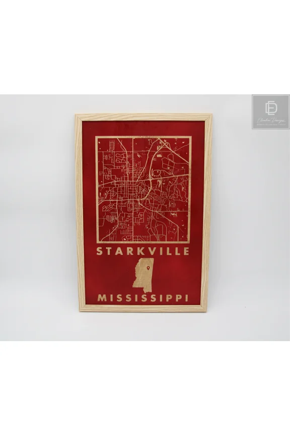 Starkville, Mississippi Laser Etched Wood Street Map - MSU Campus Map Framed in Natural Wood