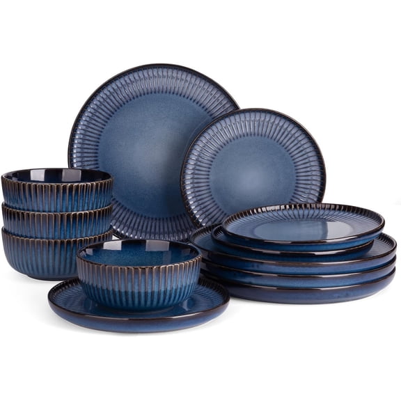 Starlight 12- Plates and Bowls Sets for 4, Stoneware Dinnerware with Ribbed Textured, Handcrafted Reactive Dishes - Dishwasher & Microwave Safe, Chip/Scratch Resistant, Blue