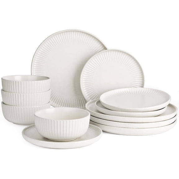 Starlight 12- Plates and Bowls Sets for 4, Stoneware Dinnerware with Ribbed Textured, Handcrafted Reactive Dishes - Dishwasher & Microwave Safe, Chip/Scratch Resistant, Matte White