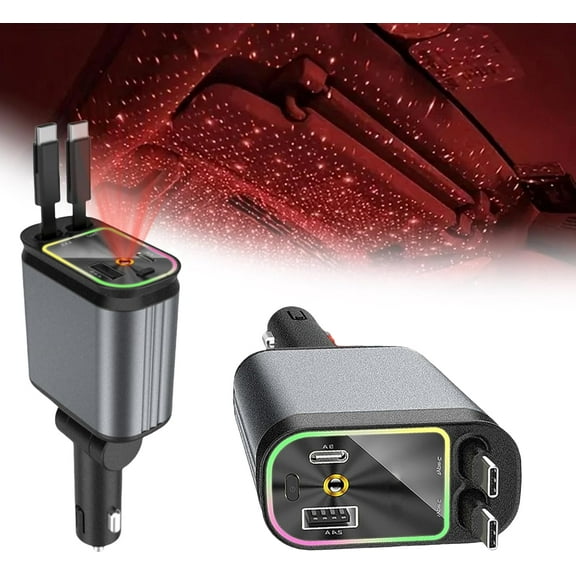 Starlight 4 in 1 Retractable Car Charger - Dual Cable USB Charger for iPhone & Android - Night Light Feature - Ideal for Fast Charging on The Go (typc + typc)