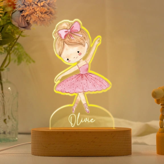 Starlight Ballerina Dance Custom Table Light Acrylic Plaque Wooden Base Nursery Room Decor Family Gift Bedside Lamp
