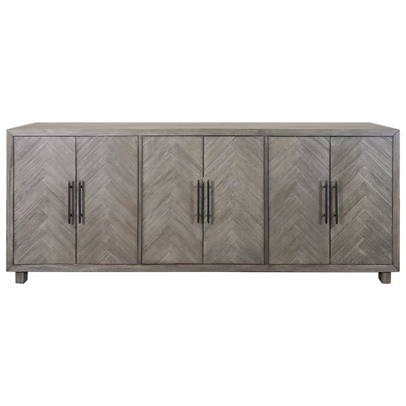 Starlight Canyon Home 90 Inch Six Door Console, Distressed Gray, Herringbone, 3 Shelves