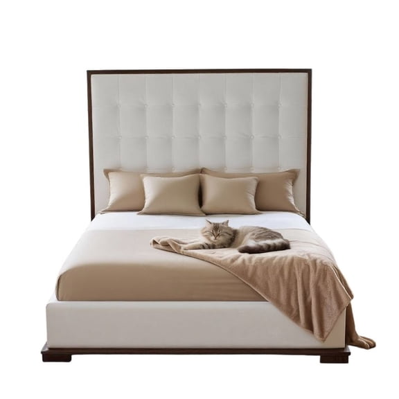 Starlight Canyon Home California King Bed Frame, White Faux Leather Low Profile Bed With Walnut