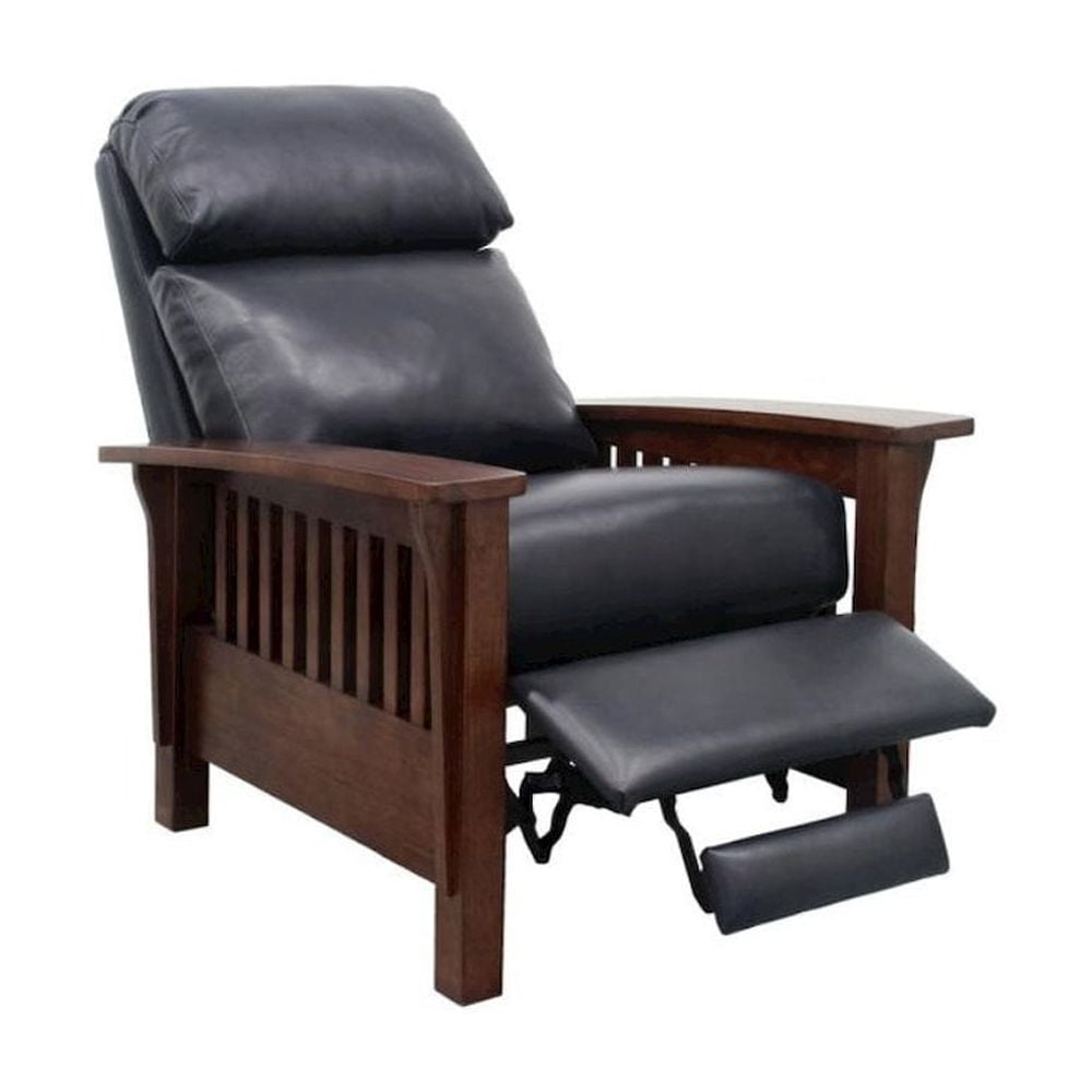 Starlight Canyon Home Dark Blue Leather Reclining Chair with Wood Arms and Manual Recliner