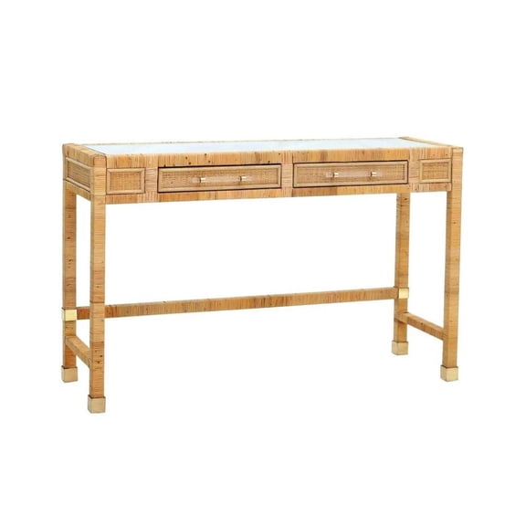 Starlight Canyon Home Glass Top Rattan Writing Desk With Drawers And Natural Veneer Wood Base