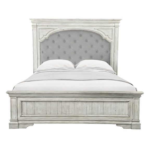 Starlight Canyon Home Rustic Ivory Queen Bed Frame with Upholstered Tufted Headboard and Panel Trim