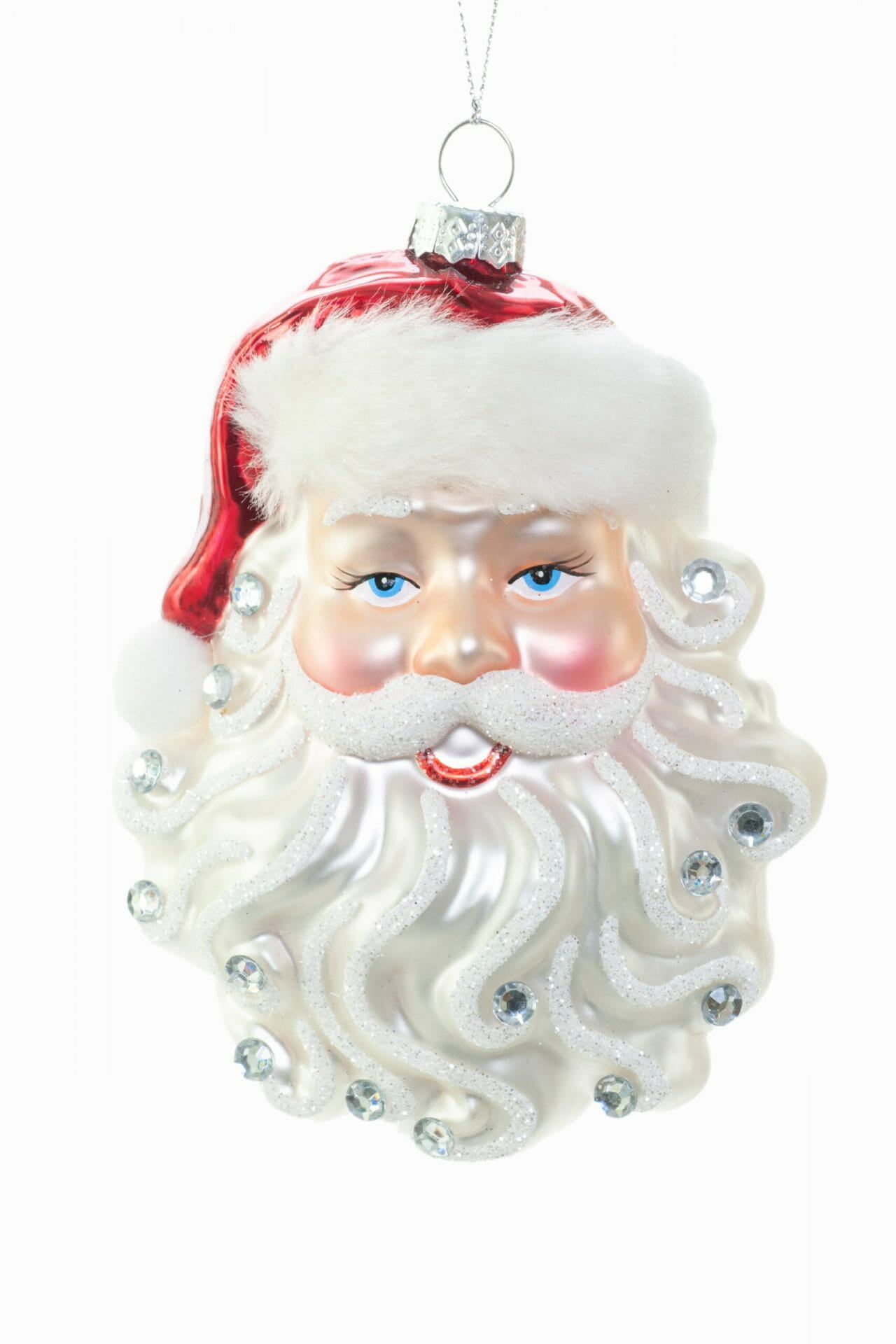 Starlight Collection, White/Red Glass Hanging Santa Head Ornament with