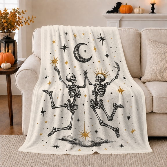Starlight Dancing Skeletons Fine-Line Illustration, Playful Celestial Art Scene, Warm Flannel Blanket for Home Library and Reading Nook, Celestial Art Lovers Housewarming Gift, Fantasy Home Decor