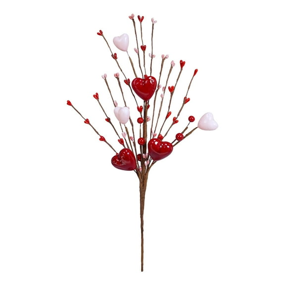 Starlight Heart and Berry Sprays for Valentine's Day, Artificial Heart-Shaped Floral Spikes, 16.5 inch Red and Pink Berry Flower Stems for Wreaths