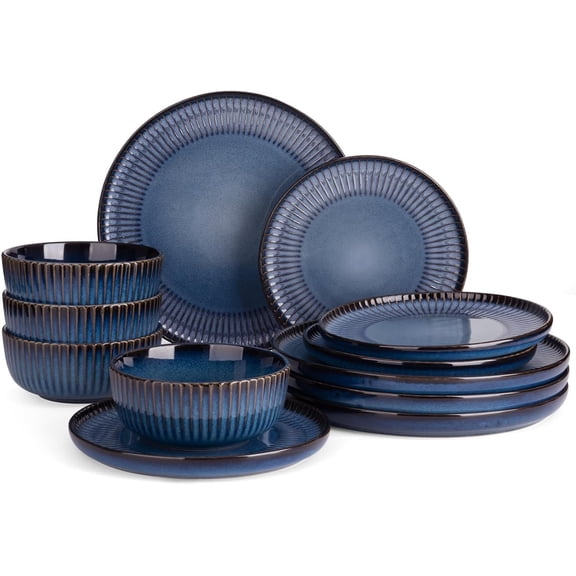 Starlight Plates and Bowls Dishes Set of 4 (12 Pieces), Ribbed Textured Stoneware Dinnerware Sets- Dishwasher & Microwave Safe, Chip & Scratch Resistant, Starry Blue