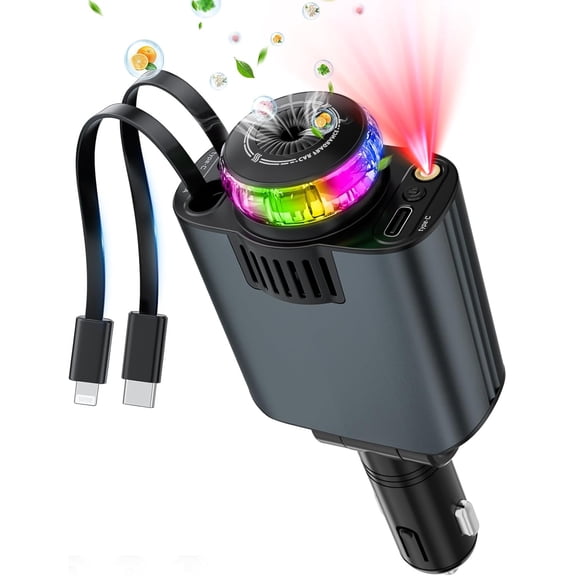 Starlight Retractable Car Charger with Aromatherapy, 5 in 1 Fast Charging 66W Car Phone Charger Adapter, USB C Car Accessories Compatible with iPhone 16/15/14/13/12/11 and,Gray