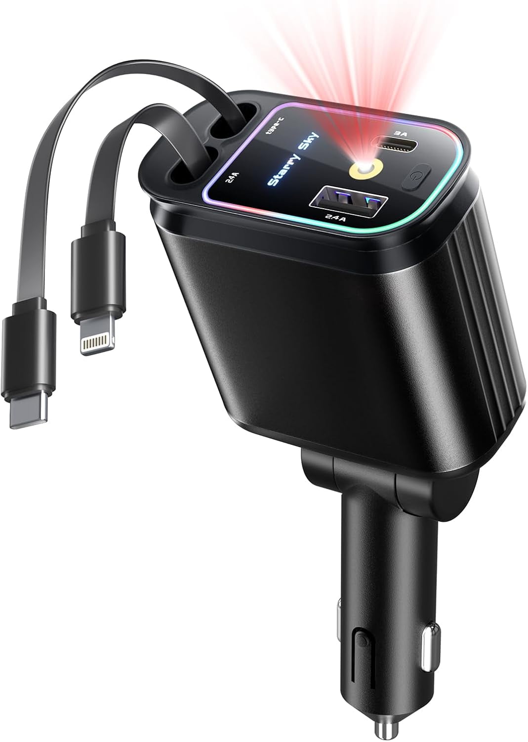 Starlight Retractable Car Charger with Cables, in Roof 4 1 Super Fast USB C Phone Charger, 2 Ports Starry Sky Adapter, Compatible iPhone 17 16 15 14