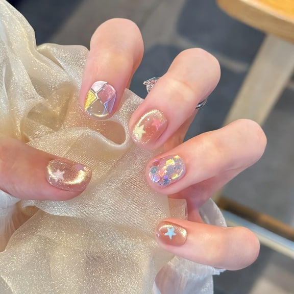 [Starlight Sugar Cube] Rhombus Cat's Eye Handmade Nail Wear Advanced Short Nail Art Whitening Temperament Gentle Fake Nails
