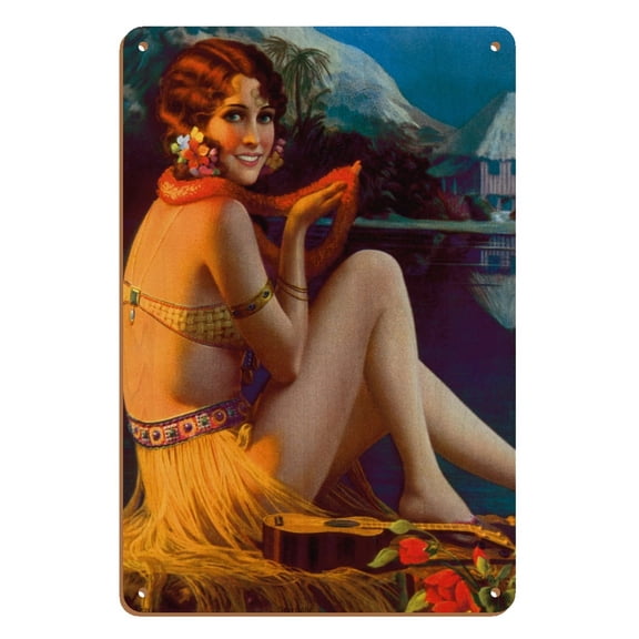 Starlight Wahine - Hawaiian Pin Up Girl - Vintage Pin Up Girl Print by Gene Pressler c.1930s - 8 x 12 inch Vintage Wood Art Sign