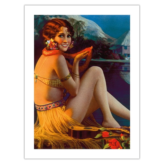Starlight Wahine - Hawaiian Pin Up Girl - Vintage Pin Up Girl Print by Gene Pressler c.1930s - Bamboo Fine Art 290gsm Paper Print (Unframed) 18x24in