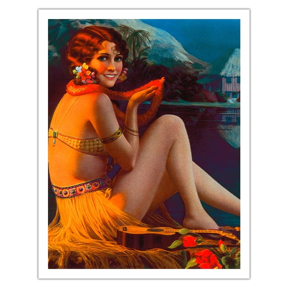 Starlight Wahine - Hawaiian Pin Up Girl - Vintage Pin Up Girl Print by Gene Pressler c.1930s - Fine Art Matte Paper Print (Unframed) 11x14in