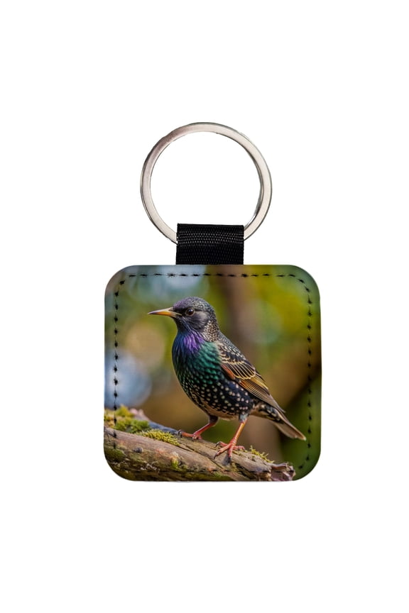 Starling Backyard Bird Faux Leather Square Keychain