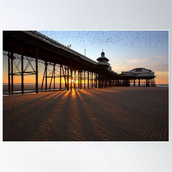 Starlings Gathering At Sunset Over Blackpool North Pier Poster Wall Art, Modern Wall Decor For Living Room Bedroom, 24x36 UNFRAMED
