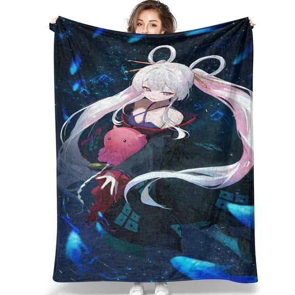 Starlit Anime Music Girl With Pink Creature Flannel Blanket - Cozy Throw For Gamers & Anime Fans