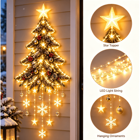 Starlit Christmas Tree Cascade Glowing Starfall Wall Decor for Front Door Porch, Plastic Holiday Decoration, 1PC