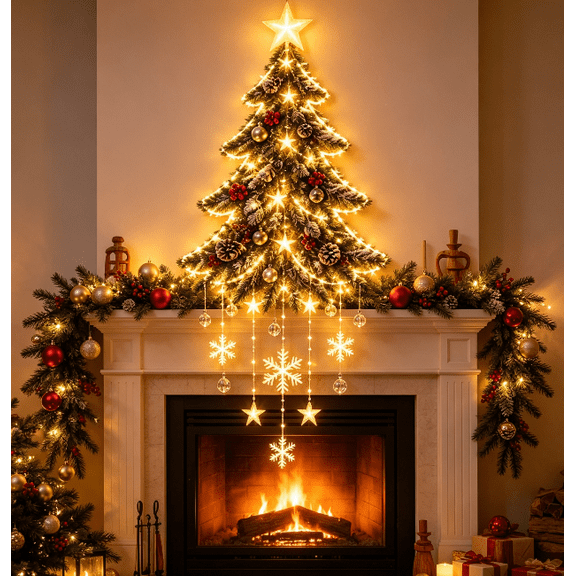 Starlit Christmas Tree Cascade with Glowing Led Stars and Flowing Silhouette for Staircase Railing Porch Holiday Party Accent