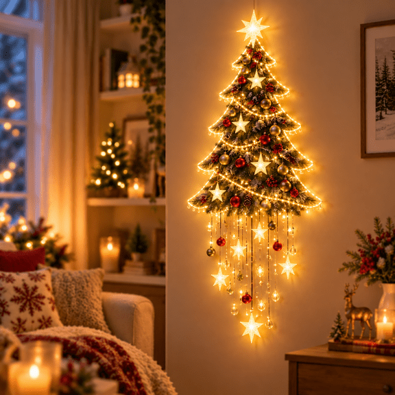 Starlit Christmas Tree Cascade with Glowing Led Stars and Flowing Silhouette for Staircase Railing Porch Holiday Party Accent
