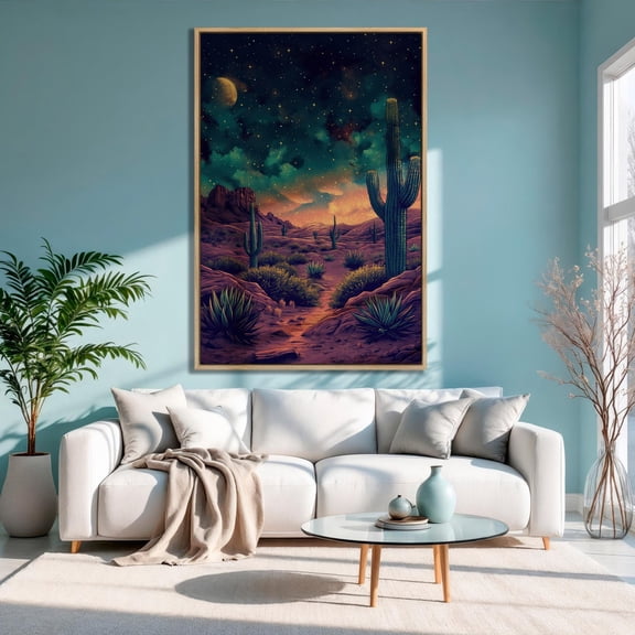 Starlit Desert Night Art: Cactus Landscape Wall Decor, Unframed Poster Size 8x12