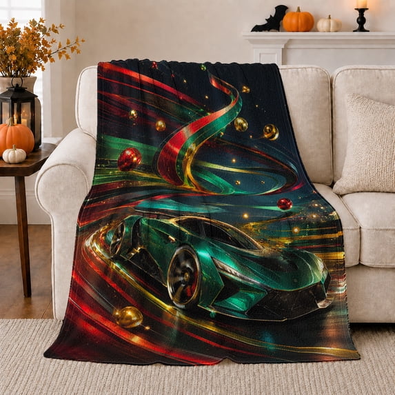 Starlit Night Emerald Green Sports Car Racing, Cozy Artistic Scene, Warm Flannel Blanket for Living Room and Bedroom, Celestial Art Lovers Valentine's Day Gift, Artistic Home Decor