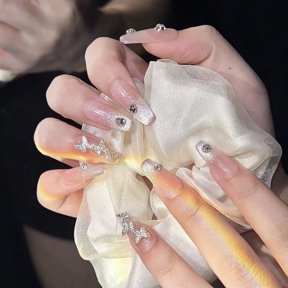 Starlit River Press On Nails Long Lasting Silver Glam Almond French Tip Glitter Acrylic Handmade Nails
