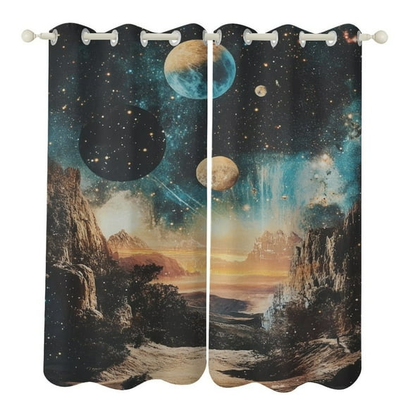 Starlit Sky Grommet Blackout Curtains for Bedroom And Living Room - 2 Panels Set Thermal Insulated Room Darkening Curtains