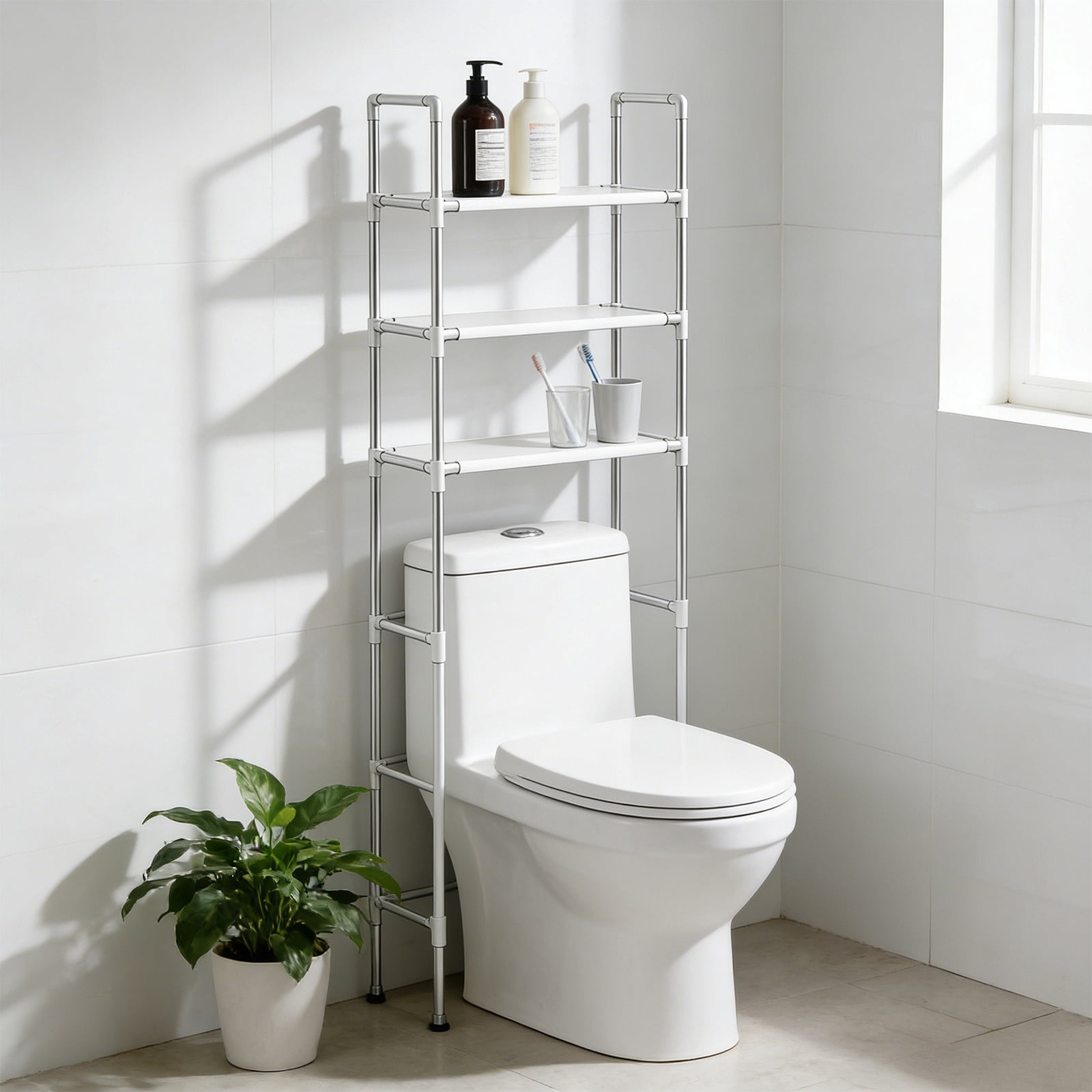 Staron 3-Tier Over Toilet Storage Rack, Space Saving Bathroom Shelf Organizer for Toiletries, Heavy Duty Metal Bathroom Storage Rack for Above Toilet Towel Shampoo Plants, White