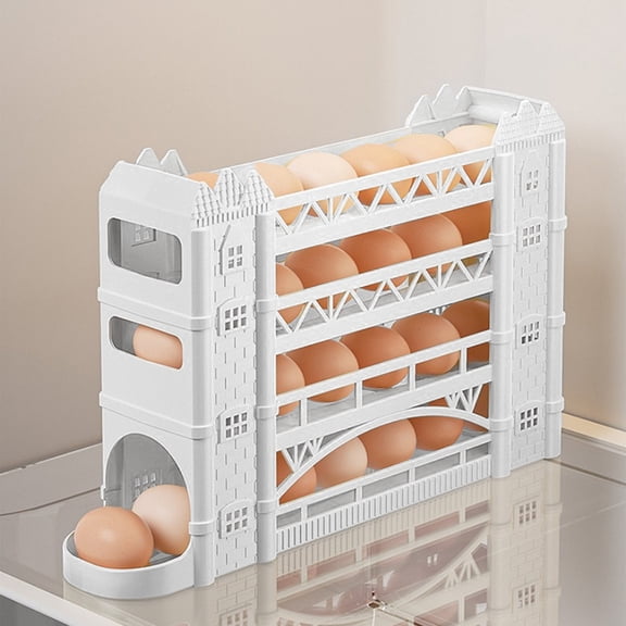 Staron 30 Egg Storage Container For Refrigerator, Automatic Rolling Egg Dispenser With 4-Tier Space Saving Design, Plastic Egg Organizer Box For Kitchen Fridge Door Shelf, White