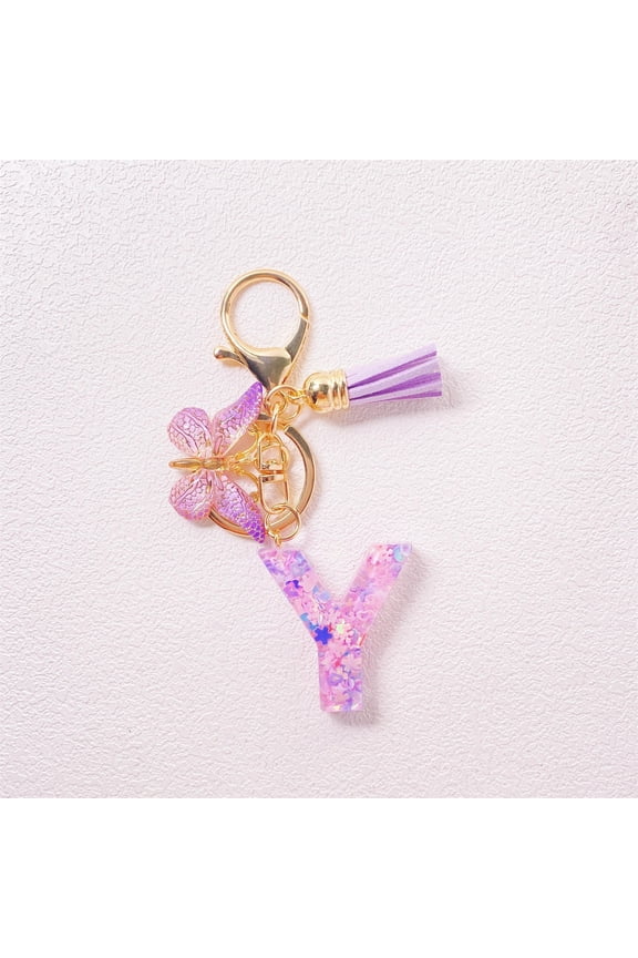under $5 Initial Letter Keychains for Women Tassel Purple, Resin Alphabet Keychain for Car Keys Wallet Backpack, Personalized Jewelry Gift Accessory