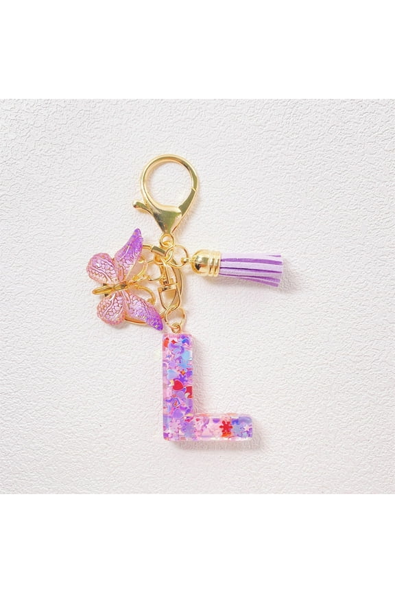 under $5 Initial Letter Keychains for Women Tassel Purple, Resin Alphabet Keychain for Car Keys Wallet Backpack, Personalized Jewelry Gift Accessory