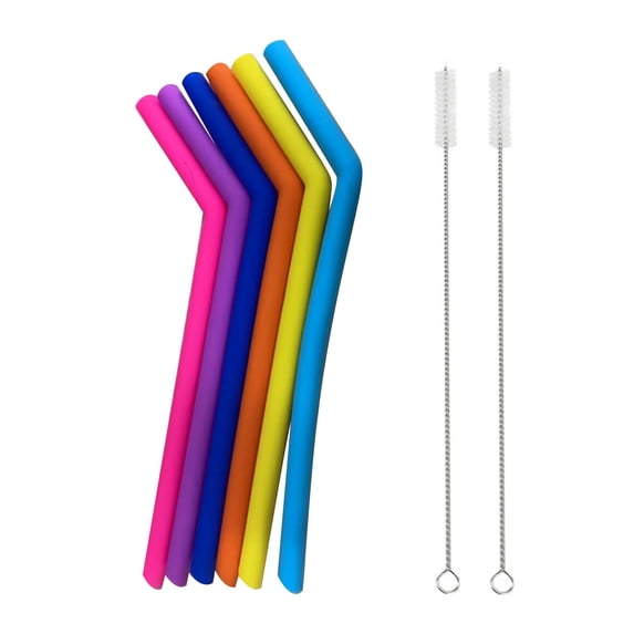 Staron Bent Silicone Straws Reusable Set of 6 with 2 Cleaning Brush - 9.9 Inches Colorful Extra Long Flexible Straws, Colored Bend Plastic Straws Reusable Straws, Easy to Clean