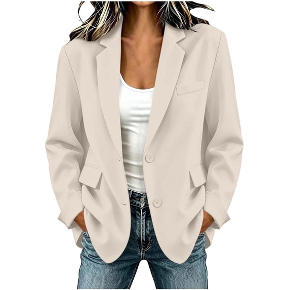 Staron Blazer for Women Casual Business Work Oversized Jacket Button Down Turndown Collar Long Sleeve Lightweight Solid Fashion Suit Tops, Beige L